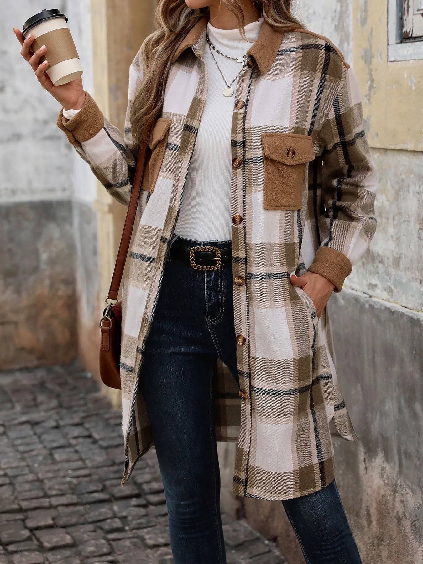 Women Shackets - Long Casual Frosted Plaid Shacket with Contemporary Solid Accents