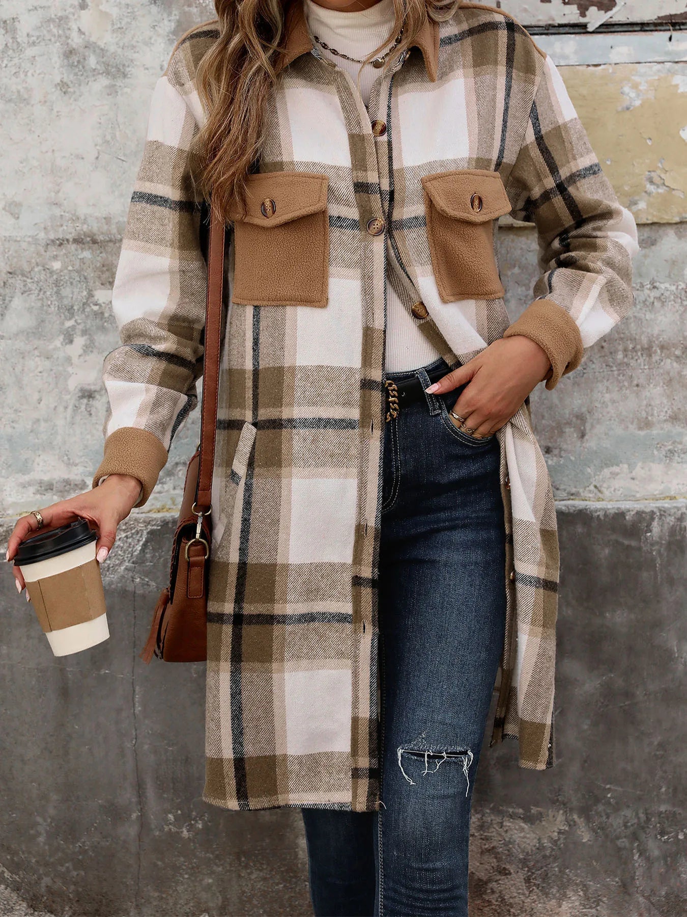 Women Shackets - Long Casual Frosted Plaid Shacket with Contemporary Solid Accents