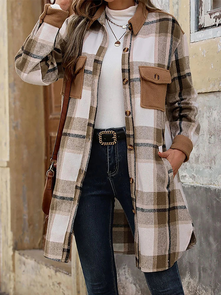 Women Shackets - Long Casual Frosted Plaid Shacket with Contemporary Solid Accents