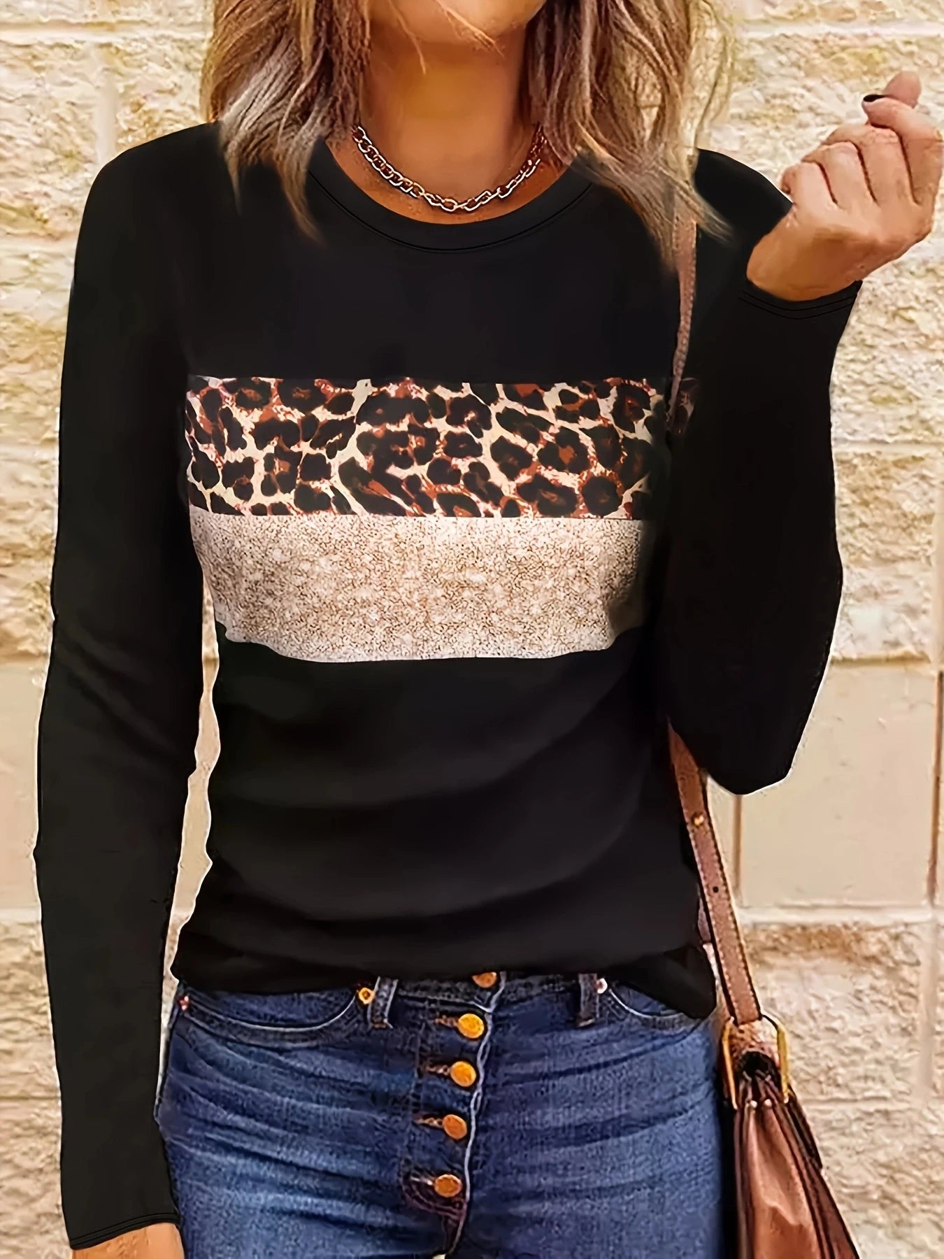 Women Shirts & Tops - Long Sleeve Fashion Leopard Striped T-shirt