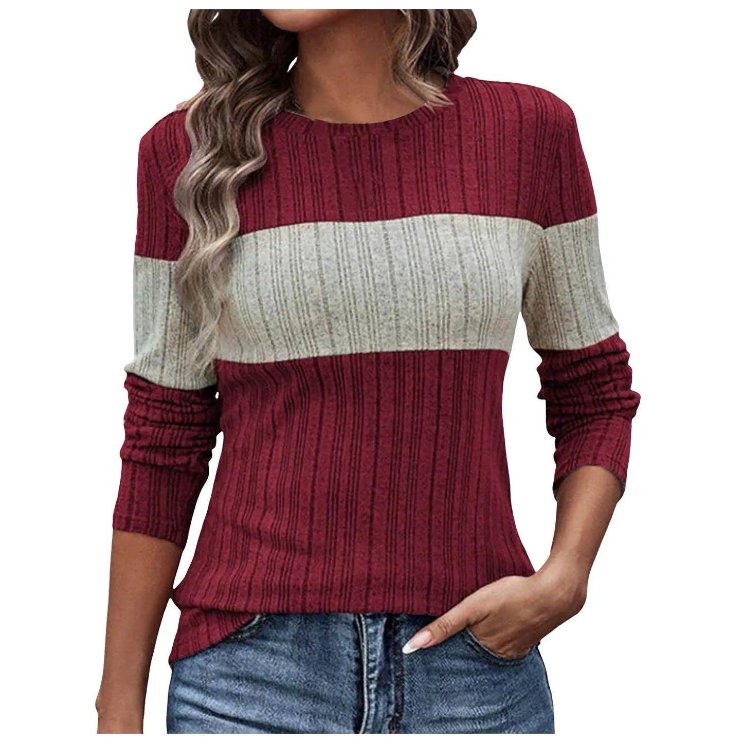 Women Shirts & Tops - Long Sleeve Striped Block Ribbed Smart Top