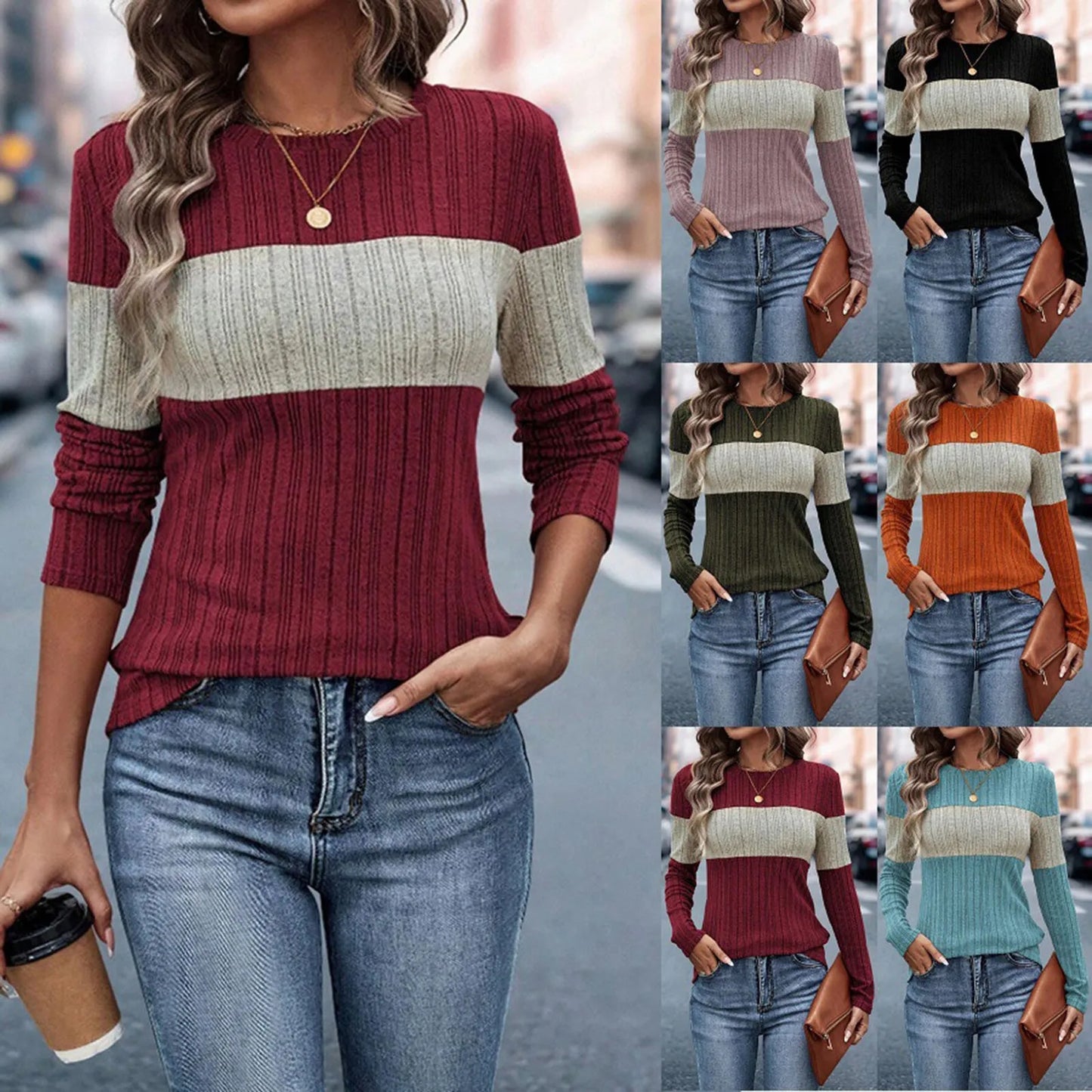 Women Shirts & Tops - Long Sleeve Striped Block Ribbed Smart Top