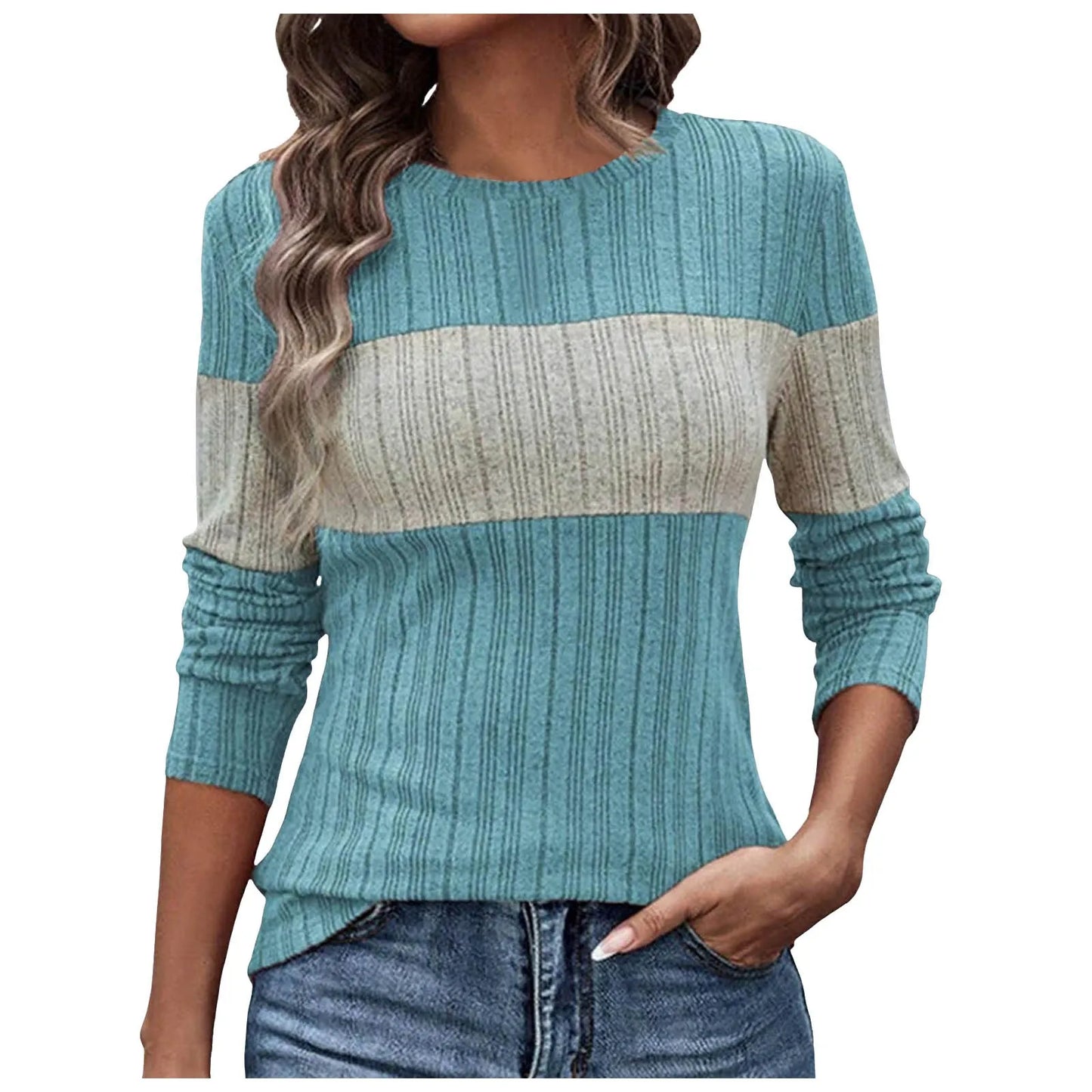 Women Shirts & Tops - Long Sleeve Striped Block Ribbed Smart Top