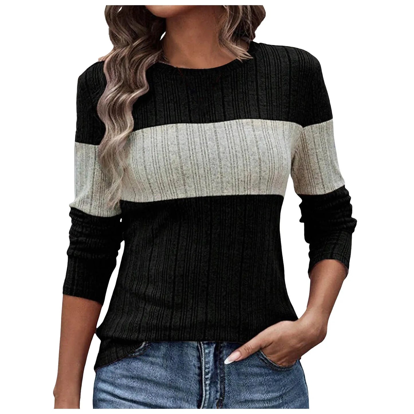 Women Shirts & Tops - Long Sleeve Striped Block Ribbed Smart Top