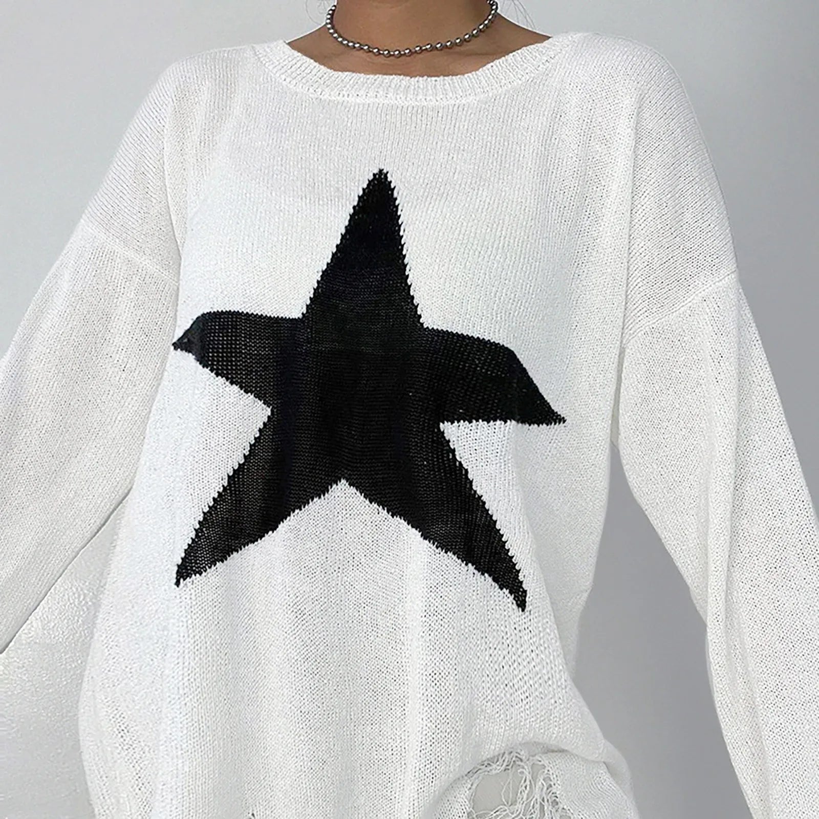 Women Sweaters - Casual Knit Sweater with Bold Double Star Design