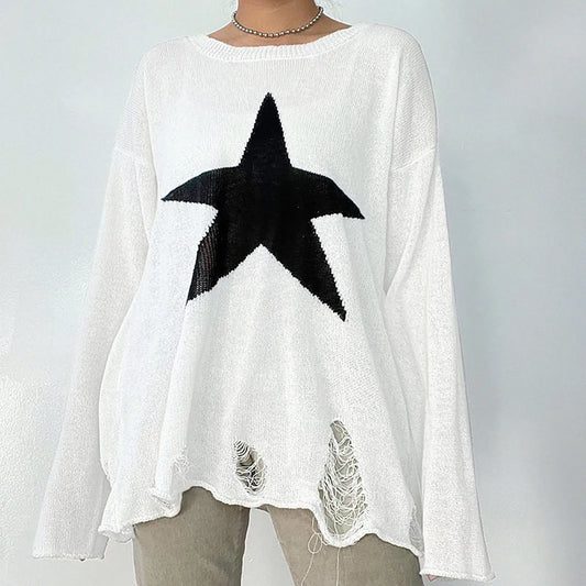 Women Sweaters - Casual Knit Sweater with Bold Double Star Design