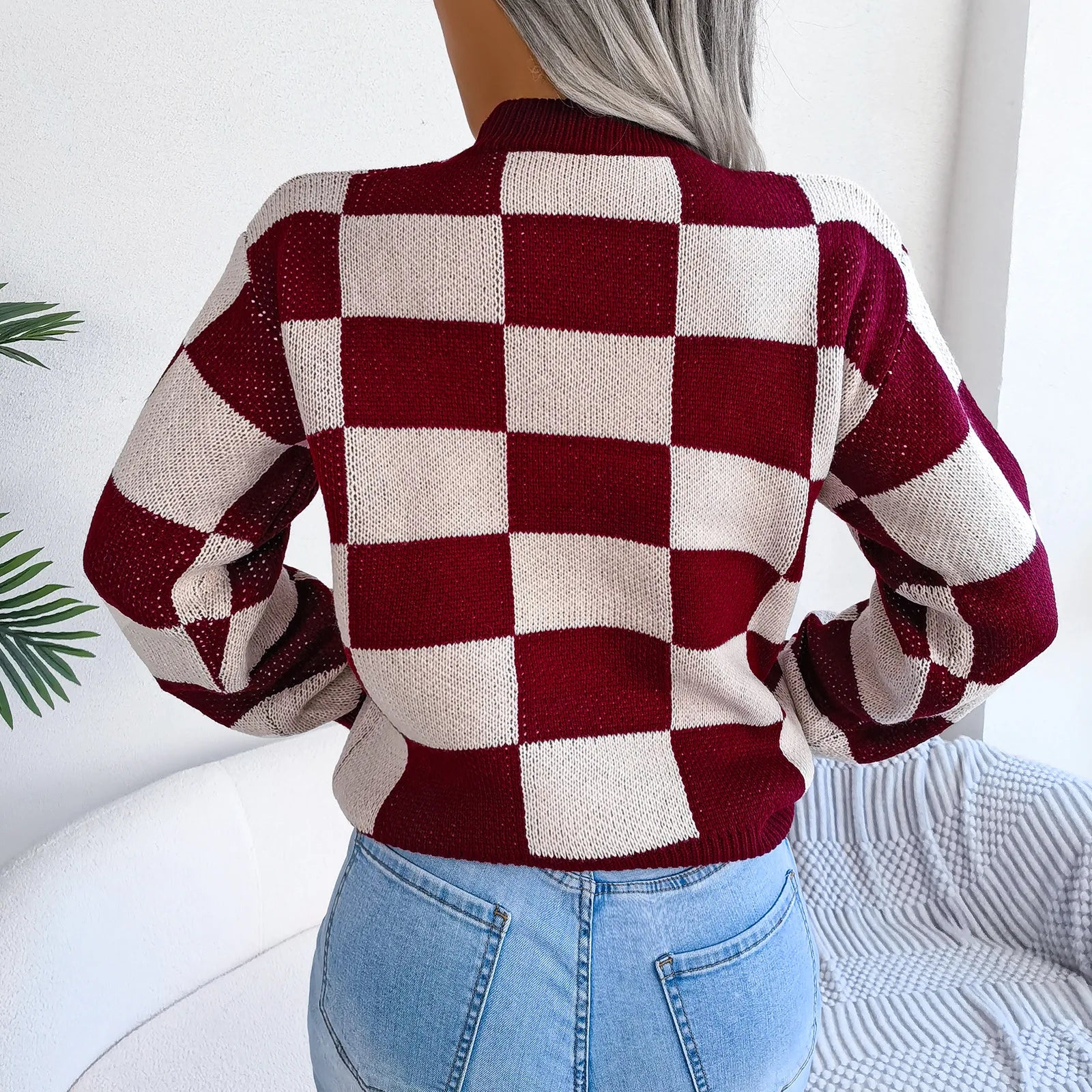 Women Sweaters- Cozy Checkerboard Lantern Sleeve Sweater 🧡