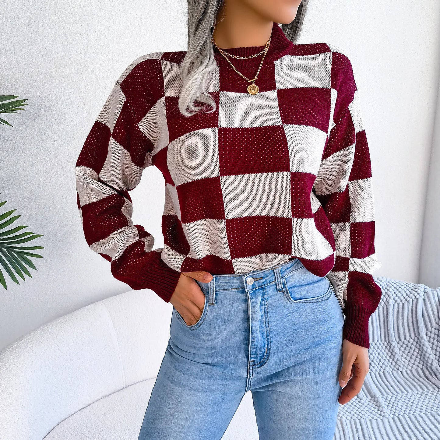 Women Sweaters- Cozy Checkerboard Lantern Sleeve Sweater 🧡