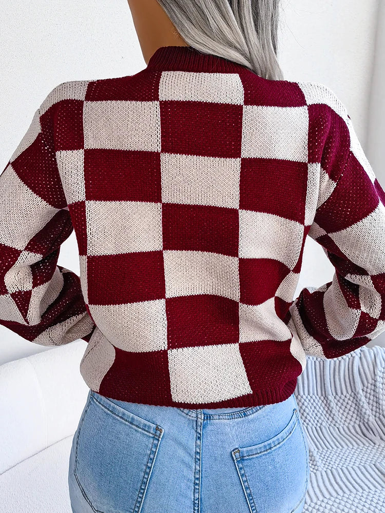 Women Sweaters- Cozy Checkerboard Lantern Sleeve Sweater 🧡