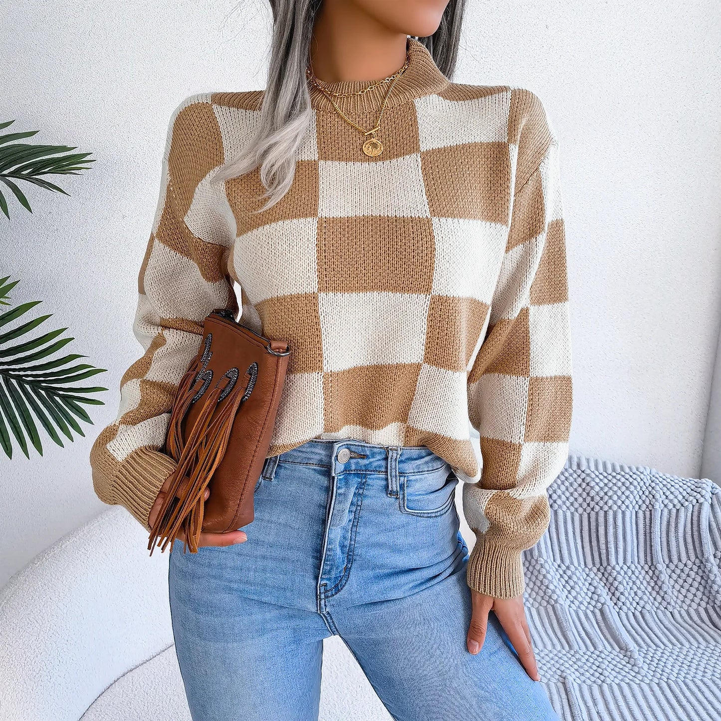 Women Sweaters- Cozy Checkerboard Lantern Sleeve Sweater 🧡