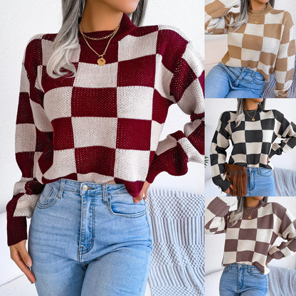 Women Sweaters- Cozy Checkerboard Lantern Sleeve Sweater 🧡