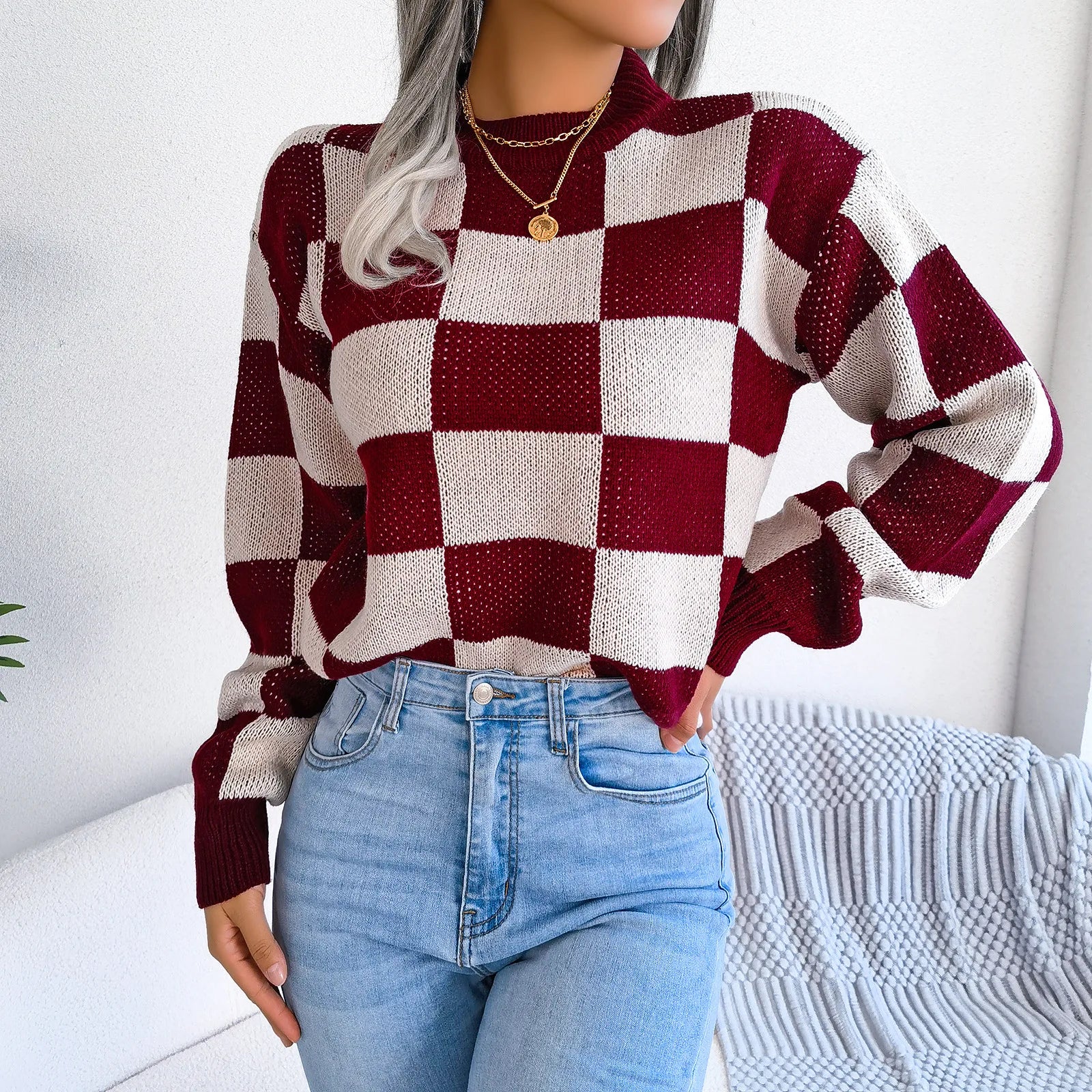 Women Sweaters- Cozy Checkerboard Lantern Sleeve Sweater 🧡