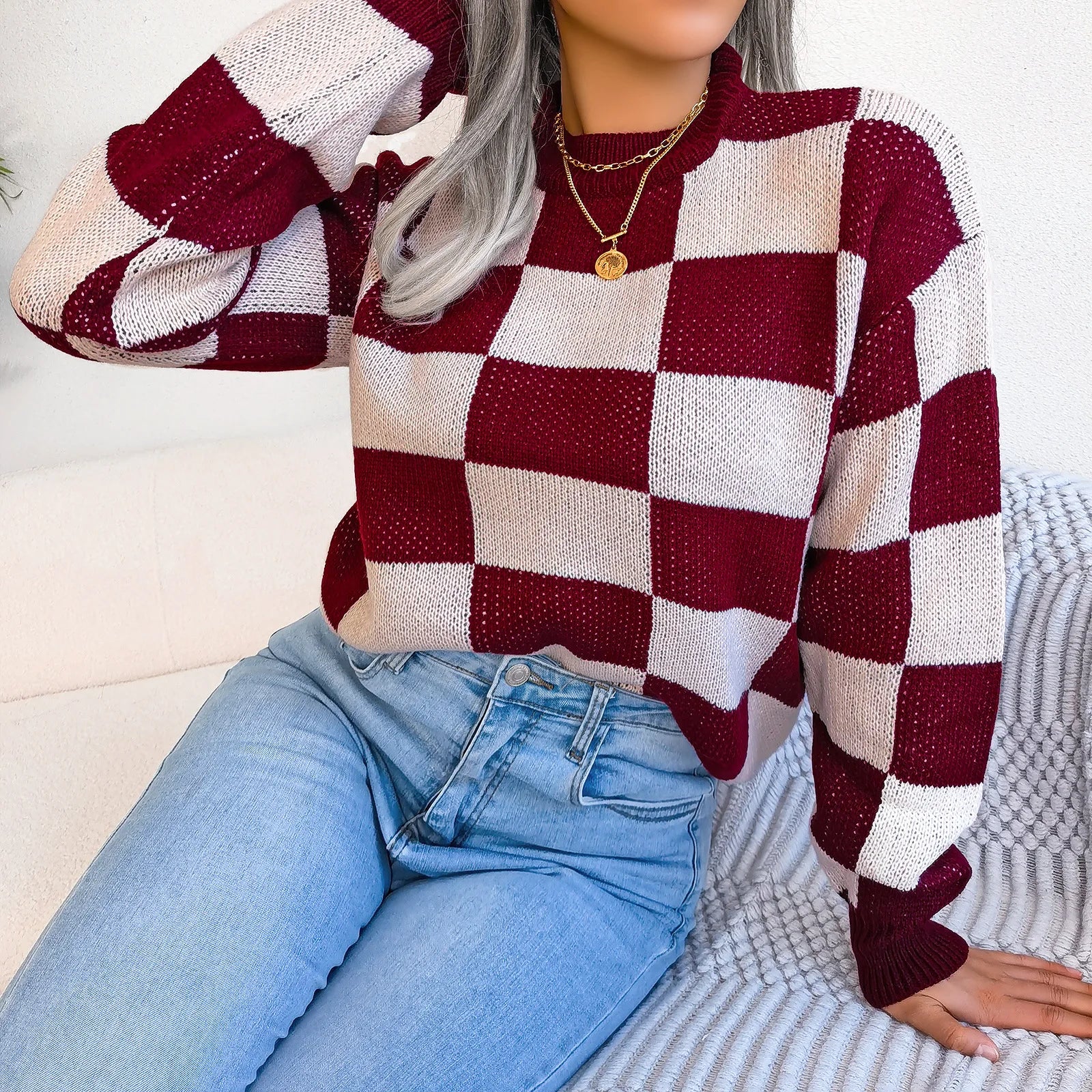 Women Sweaters- Cozy Checkerboard Lantern Sleeve Sweater 🧡