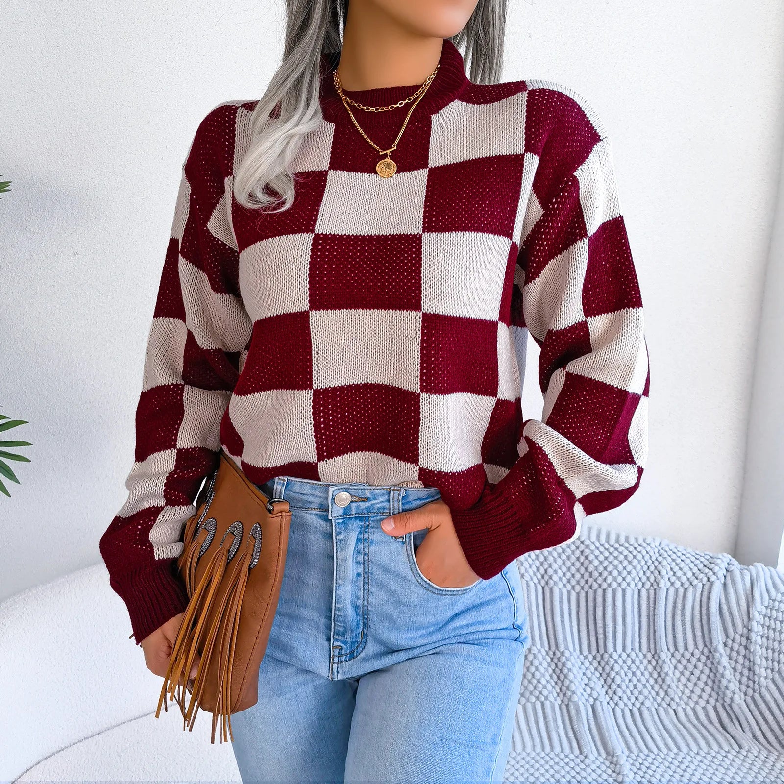 Women Sweaters- Cozy Checkerboard Lantern Sleeve Sweater 🧡