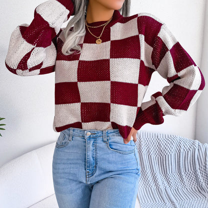 Women Sweaters- Cozy Checkerboard Lantern Sleeve Sweater 🧡