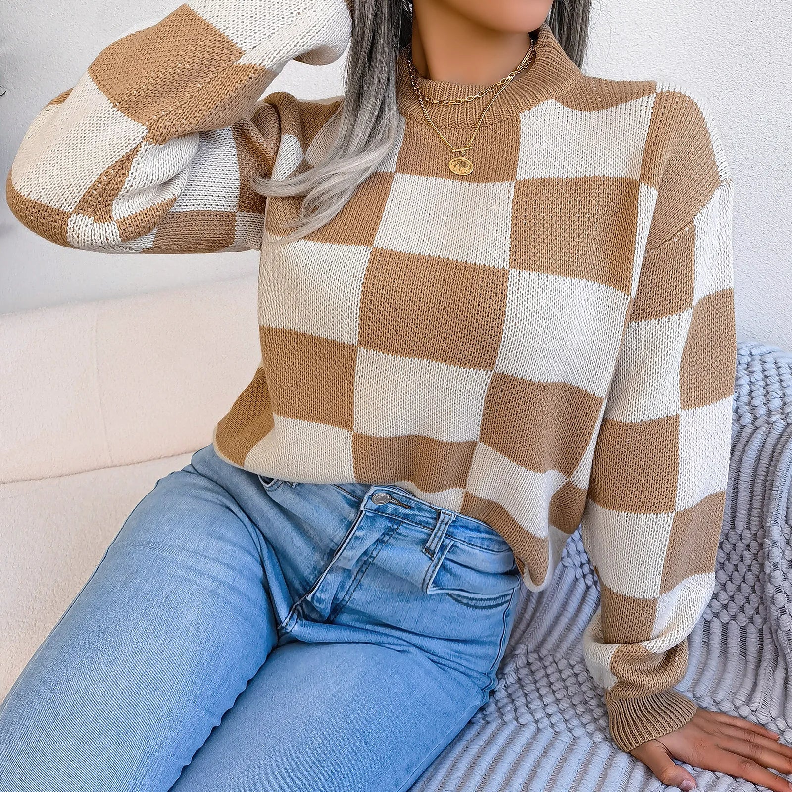 Women Sweaters- Cozy Checkerboard Lantern Sleeve Sweater 🧡