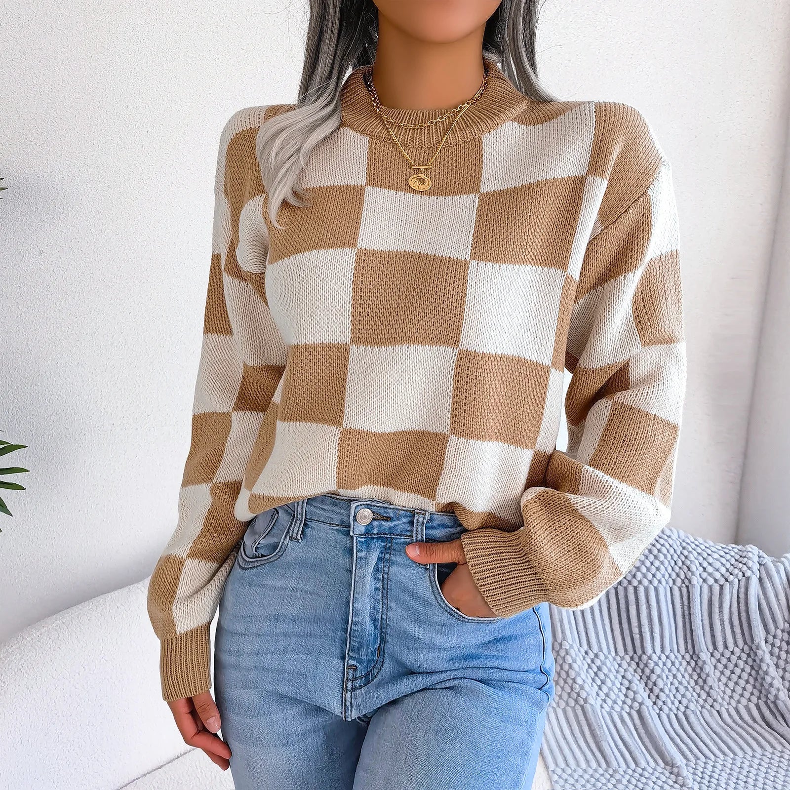 Women Sweaters- Cozy Checkerboard Lantern Sleeve Sweater 🧡