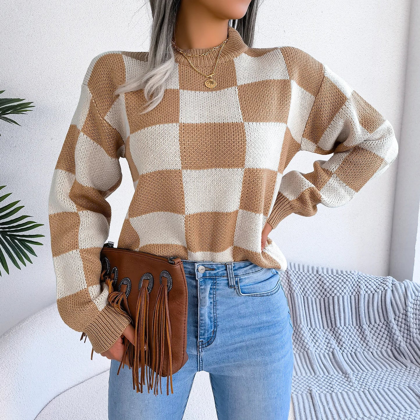 Women Sweaters- Cozy Checkerboard Lantern Sleeve Sweater 🧡