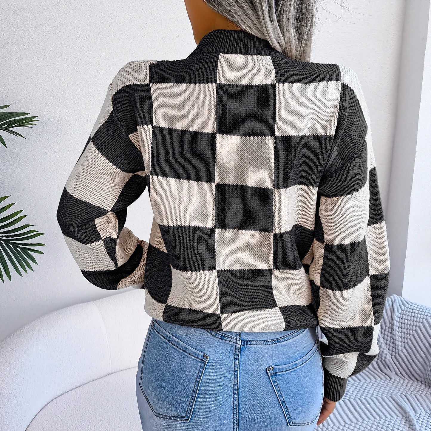 Women Sweaters- Cozy Checkerboard Lantern Sleeve Sweater 🧡