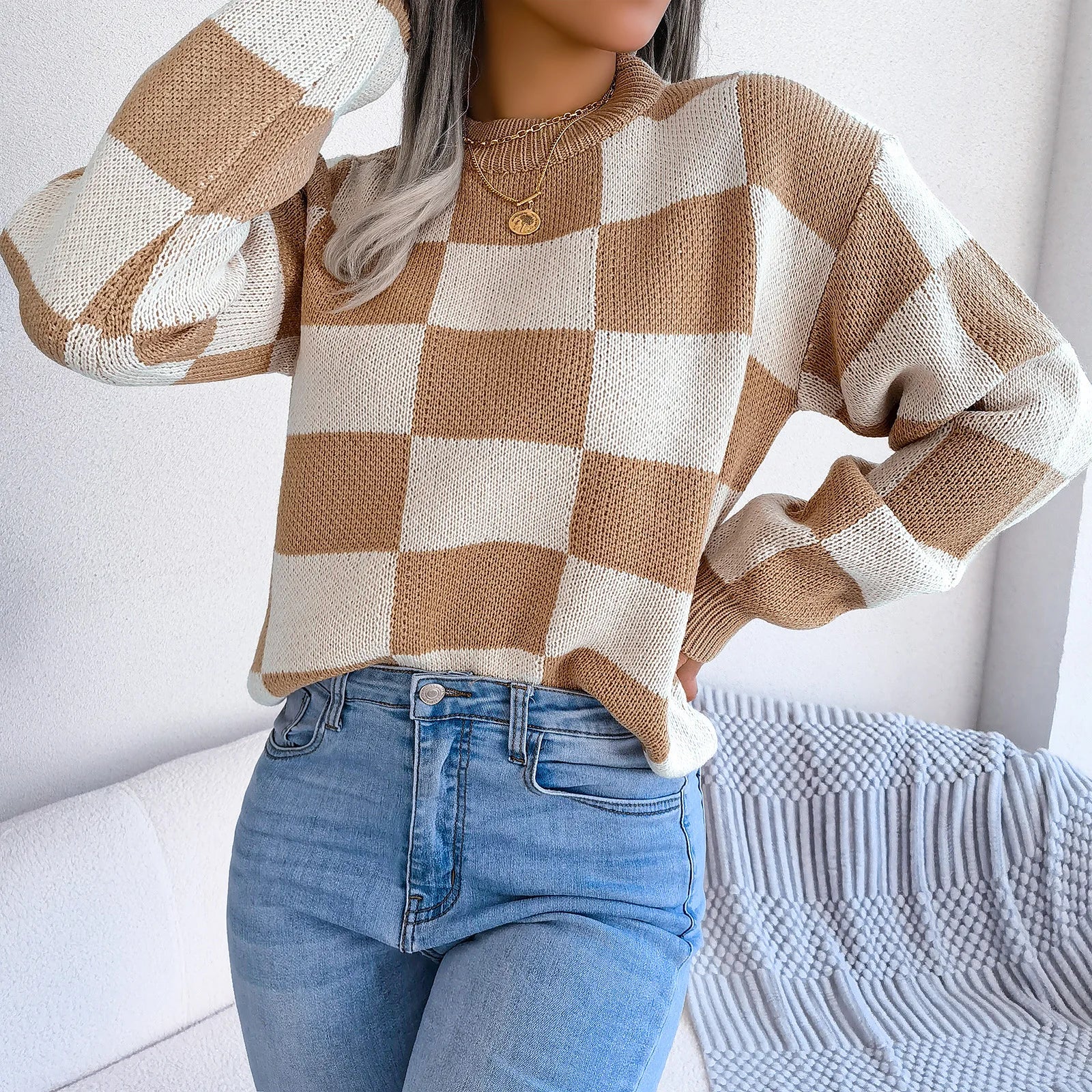 Women Sweaters- Cozy Checkerboard Lantern Sleeve Sweater 🧡