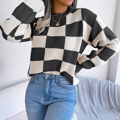 Women Sweaters- Cozy Checkerboard Lantern Sleeve Sweater 🧡