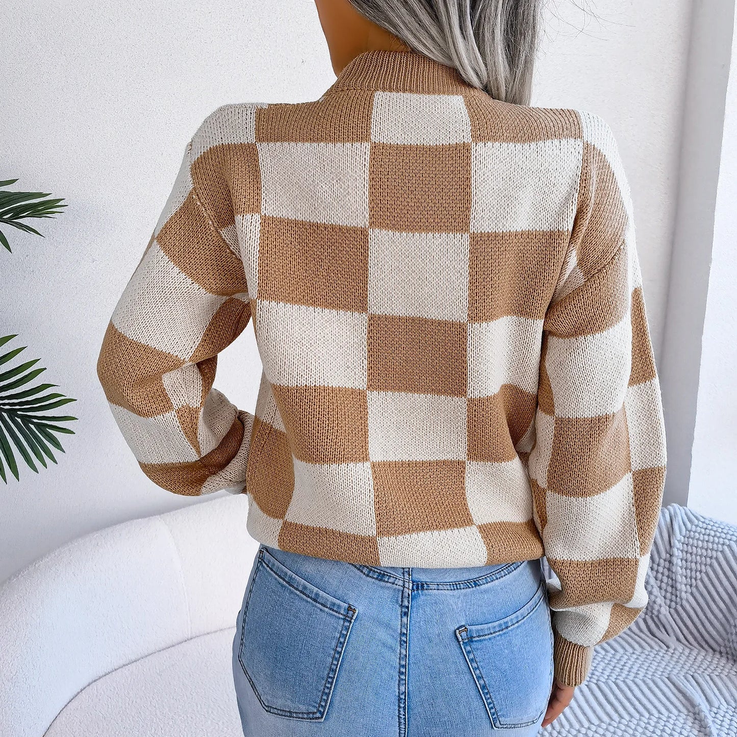 Women Sweaters- Cozy Checkerboard Lantern Sleeve Sweater 🧡