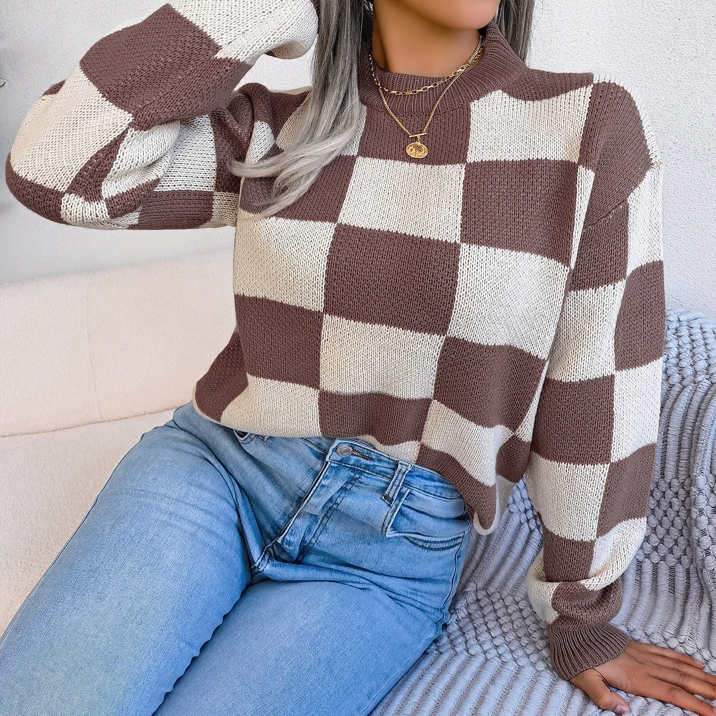 Women Sweaters- Cozy Checkerboard Lantern Sleeve Sweater 🧡