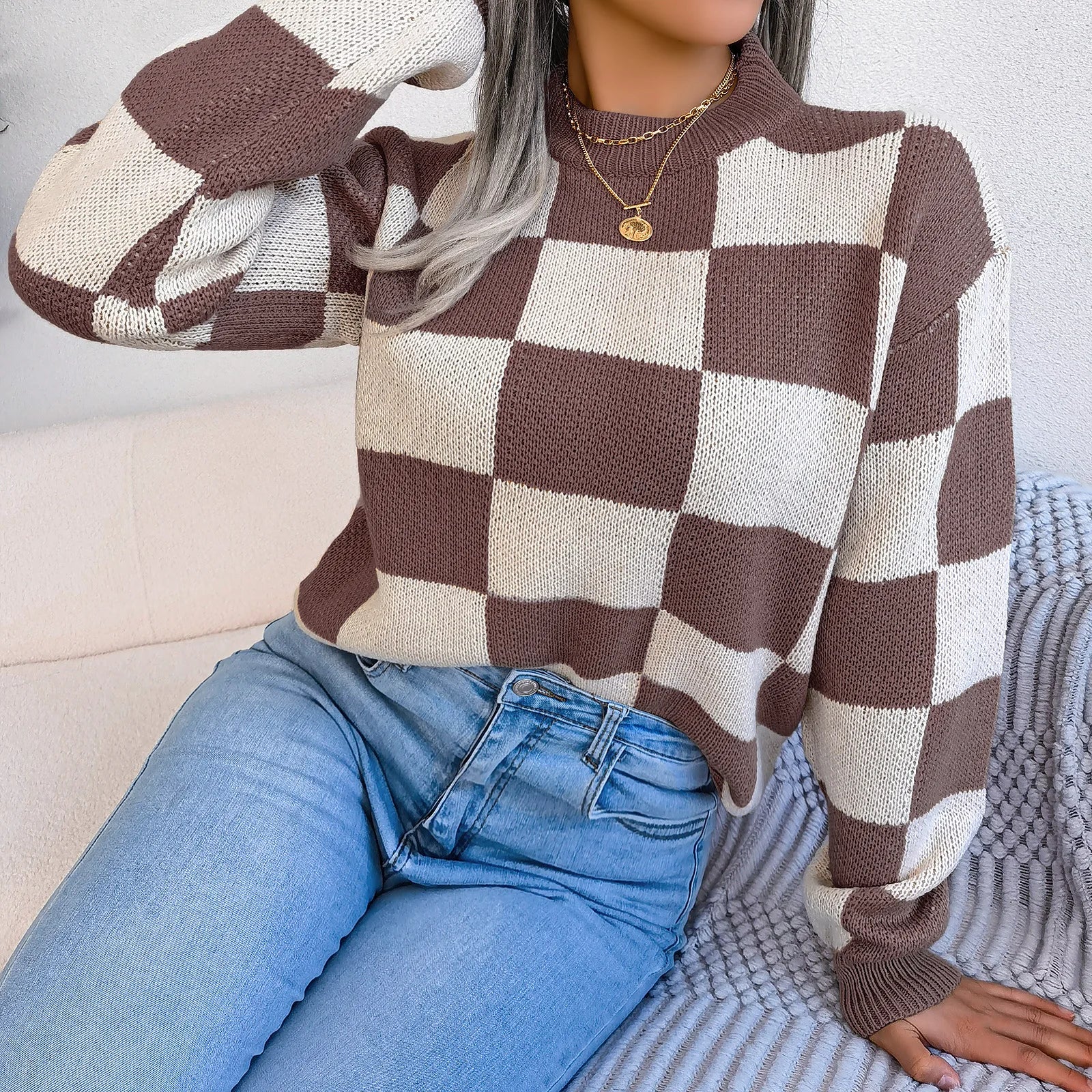 Women Sweaters- Cozy Checkerboard Lantern Sleeve Sweater 🧡