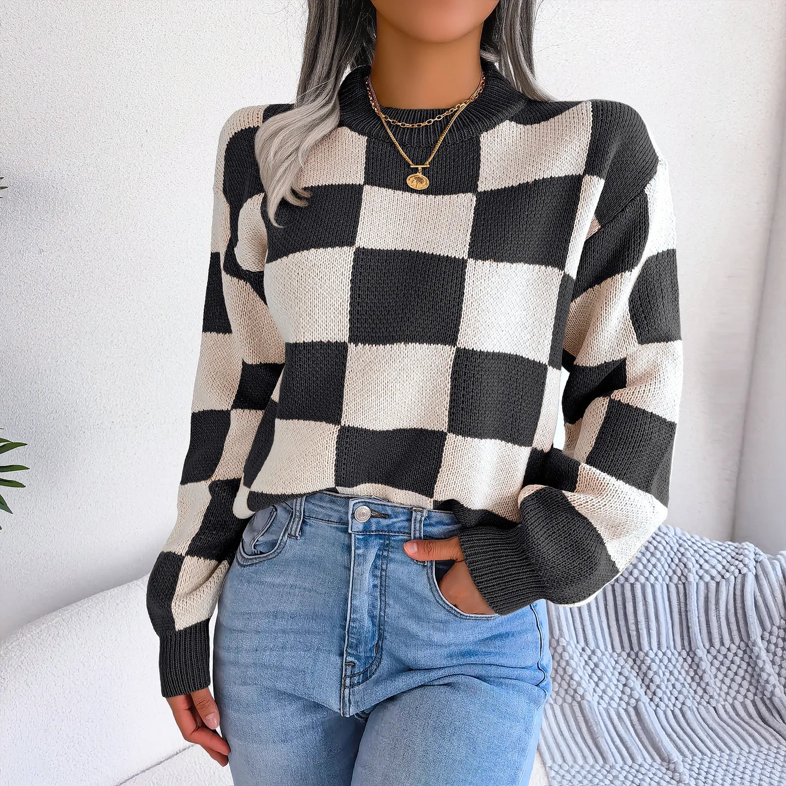 Women Sweaters- Cozy Checkerboard Lantern Sleeve Sweater 🧡