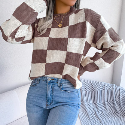 Women Sweaters- Cozy Checkerboard Lantern Sleeve Sweater 🧡