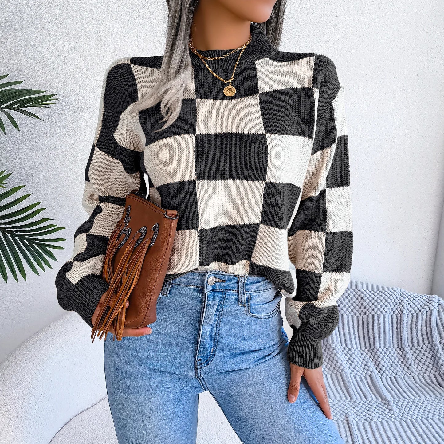 Women Sweaters- Cozy Checkerboard Lantern Sleeve Sweater 🧡