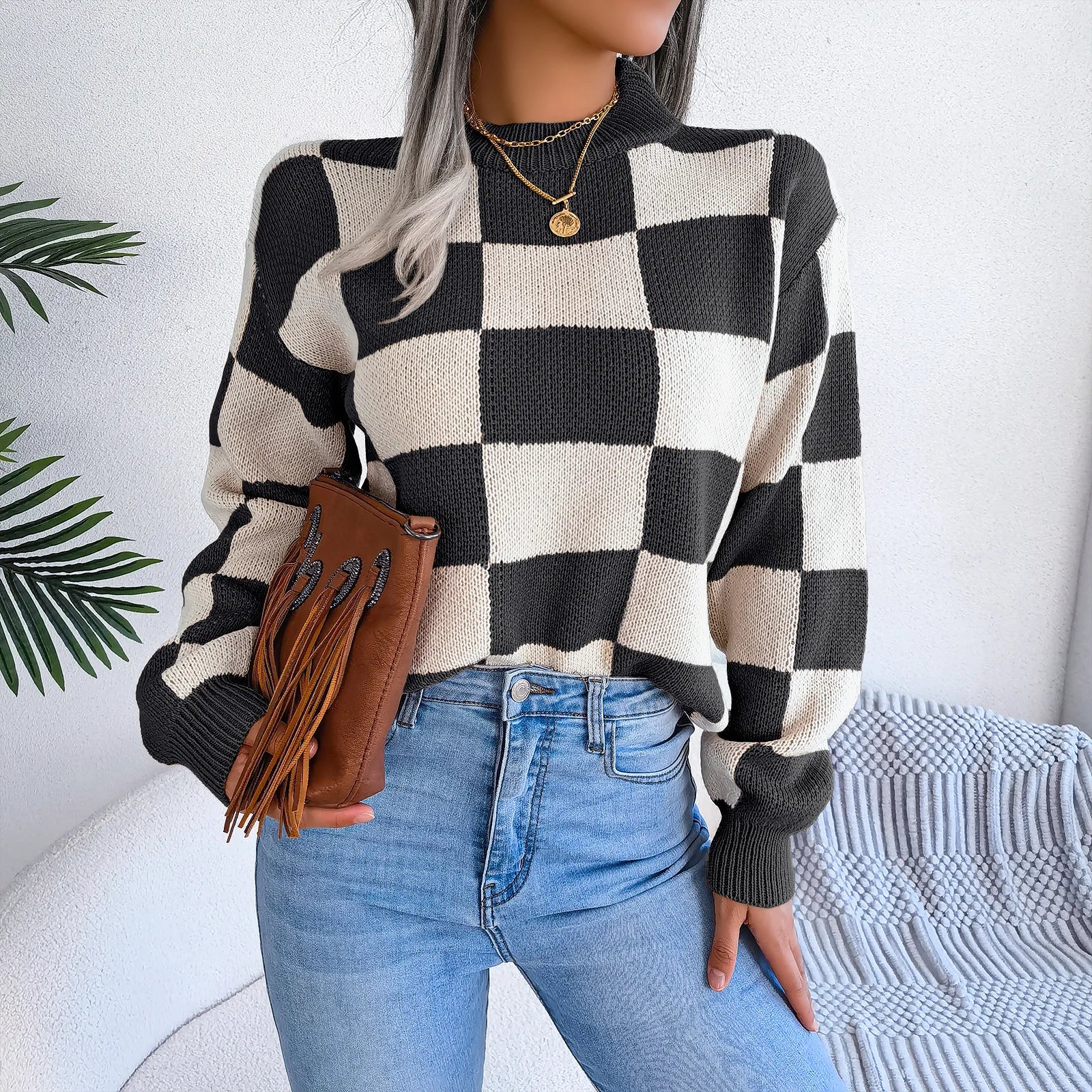 Women Sweaters- Cozy Checkerboard Lantern Sleeve Sweater 🧡