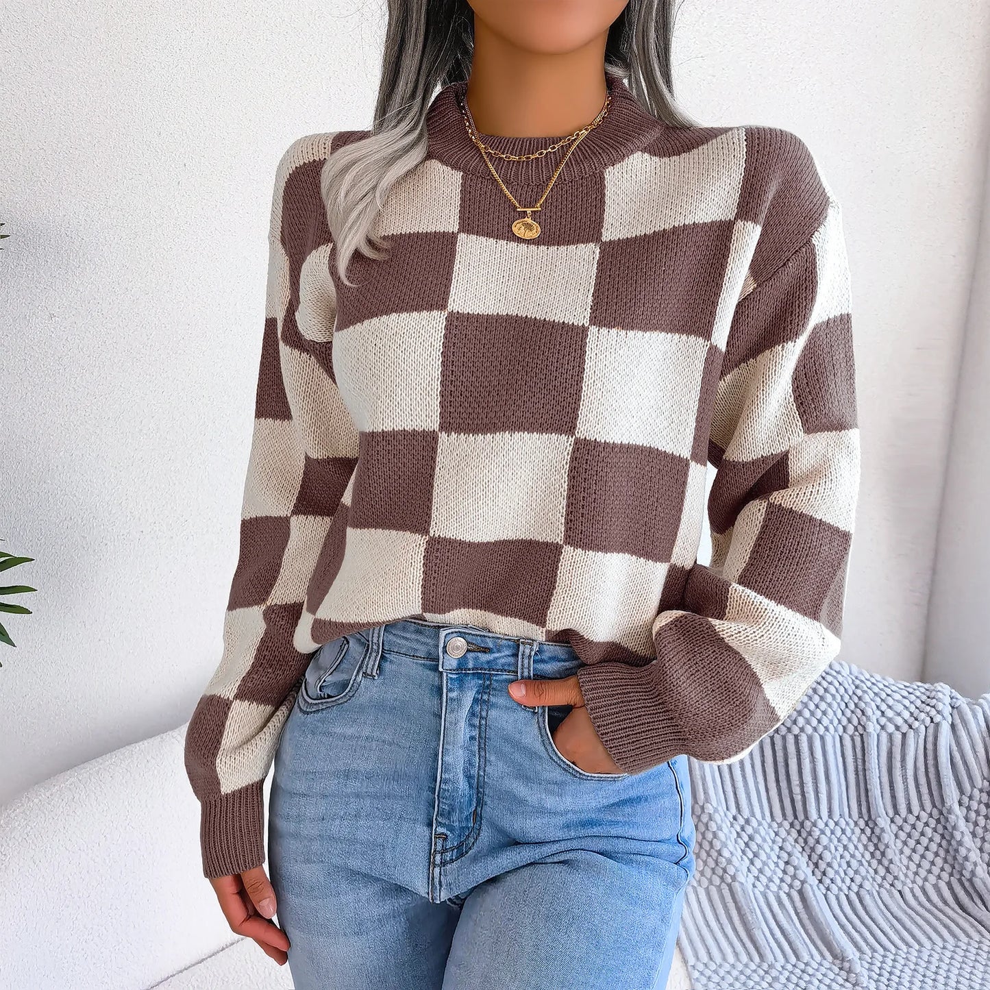 Women Sweaters- Cozy Checkerboard Lantern Sleeve Sweater 🧡