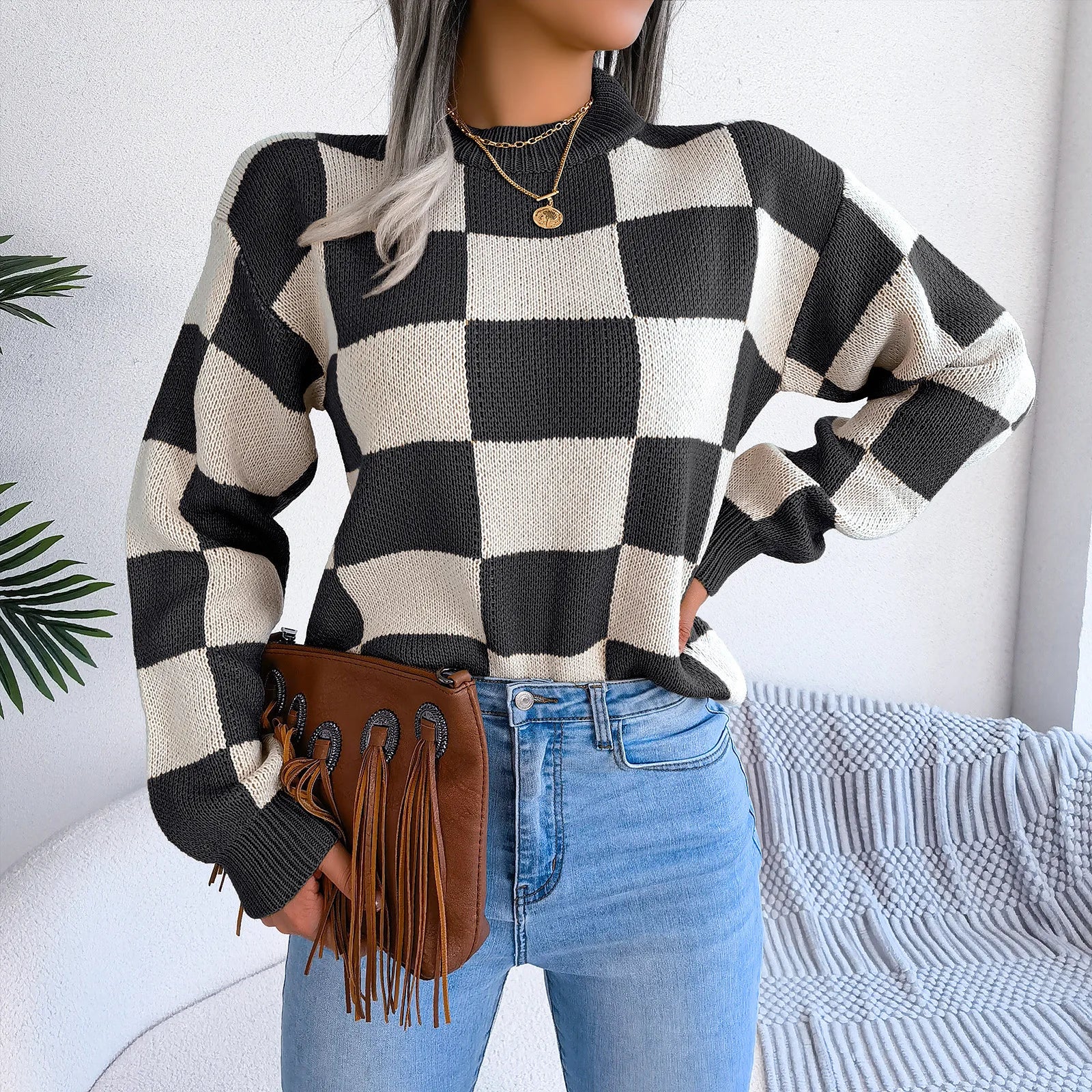 Women Sweaters- Cozy Checkerboard Lantern Sleeve Sweater 🧡