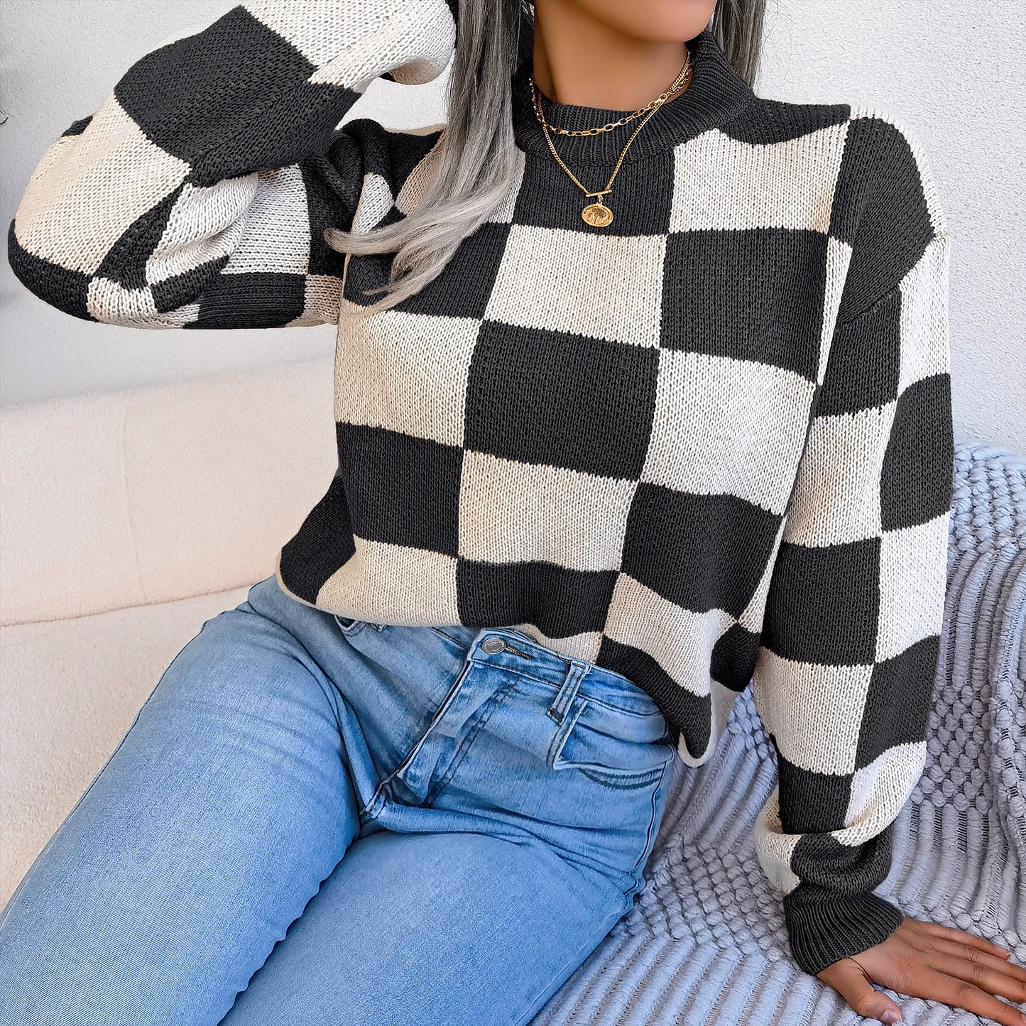 Women Sweaters- Cozy Checkerboard Lantern Sleeve Sweater 🧡