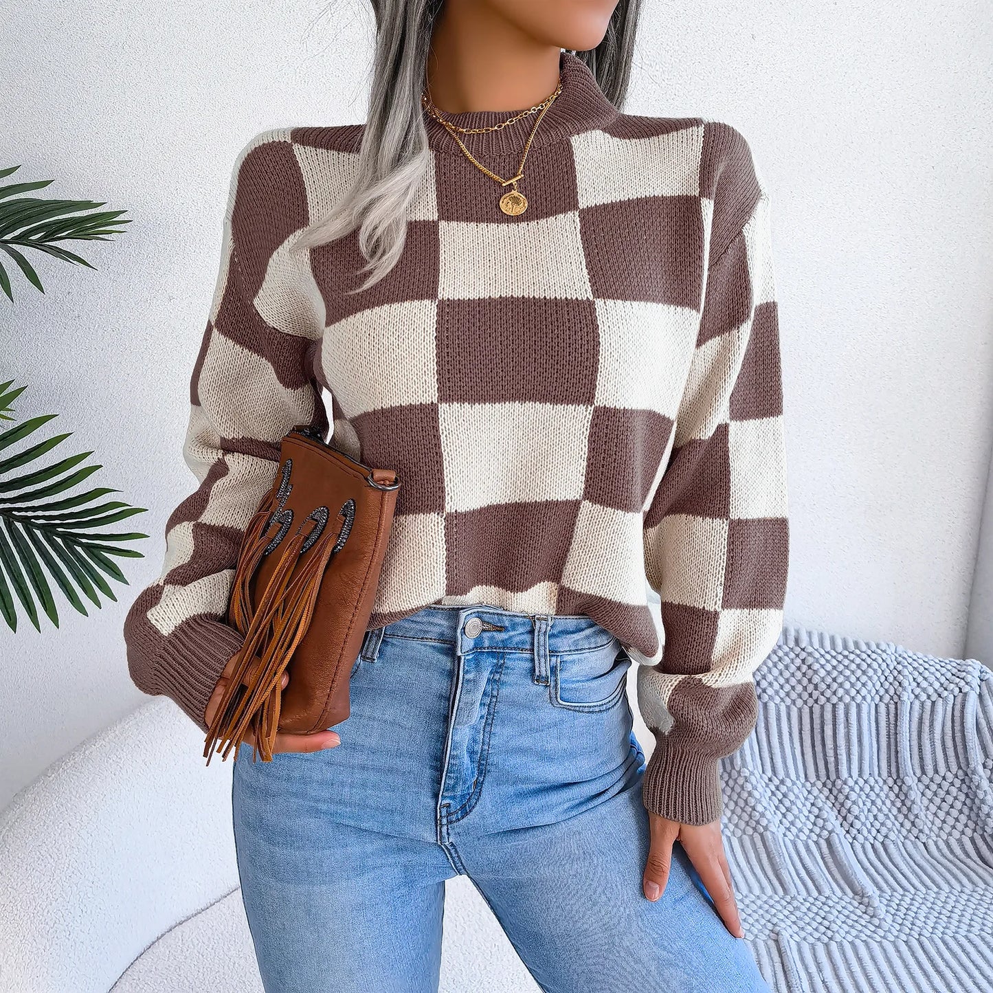 Women Sweaters- Cozy Checkerboard Lantern Sleeve Sweater 🧡