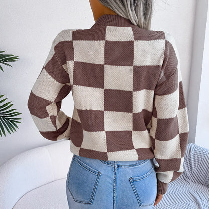 Women Sweaters- Cozy Checkerboard Lantern Sleeve Sweater 🧡