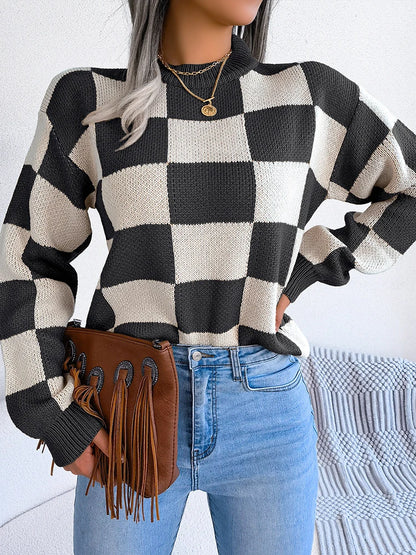 Women Sweaters- Cozy Checkerboard Lantern Sleeve Sweater 🧡