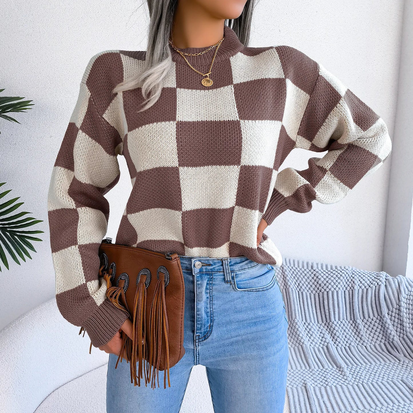 Women Sweaters- Cozy Checkerboard Lantern Sleeve Sweater 🧡