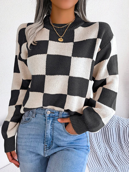 Women Sweaters- Cozy Checkerboard Lantern Sleeve Sweater 🧡