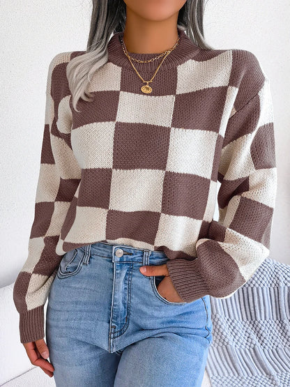 Women Sweaters- Cozy Checkerboard Lantern Sleeve Sweater 🧡