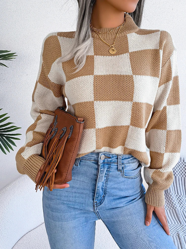 Women Sweaters- Cozy Checkerboard Lantern Sleeve Sweater 🧡