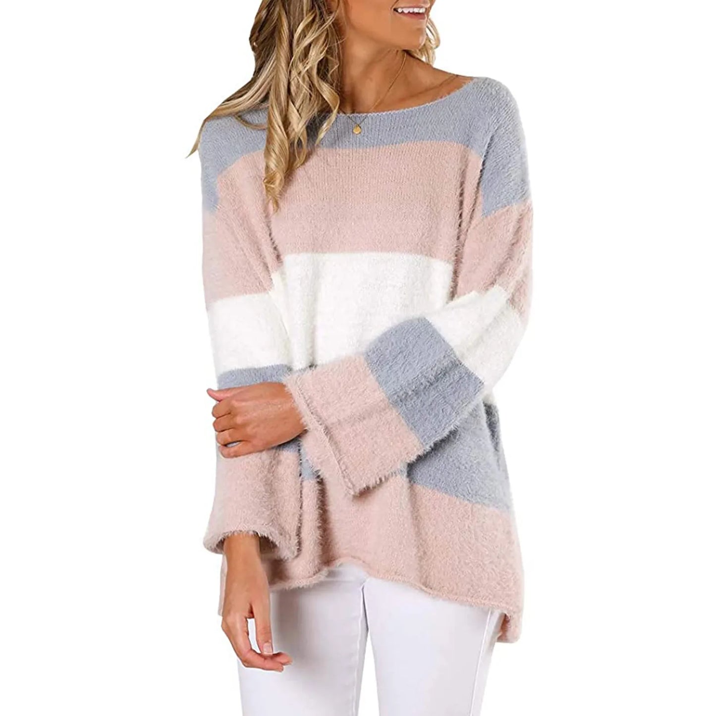 Women Sweaters- Cozy Oversized Stiped Fleece Pullovers