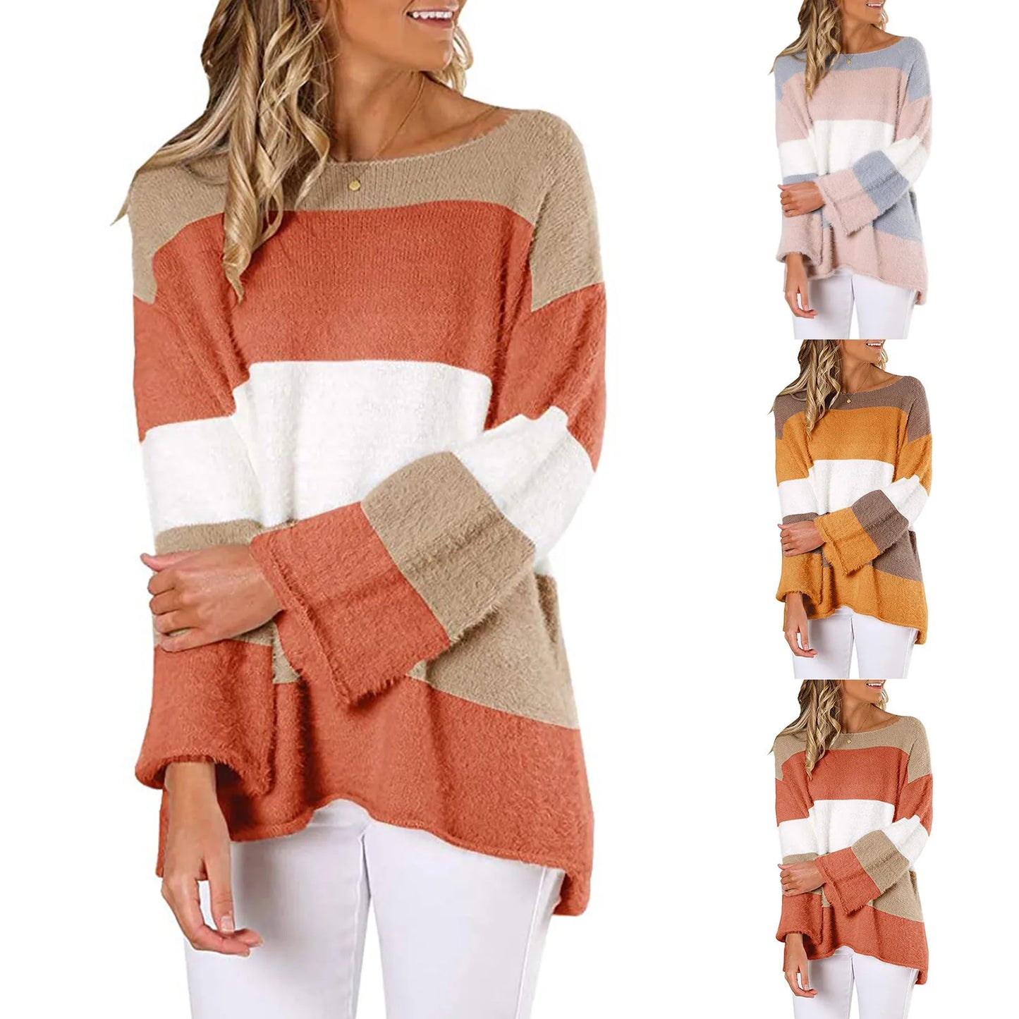 Women Sweaters- Cozy Oversized Stiped Fleece Pullovers