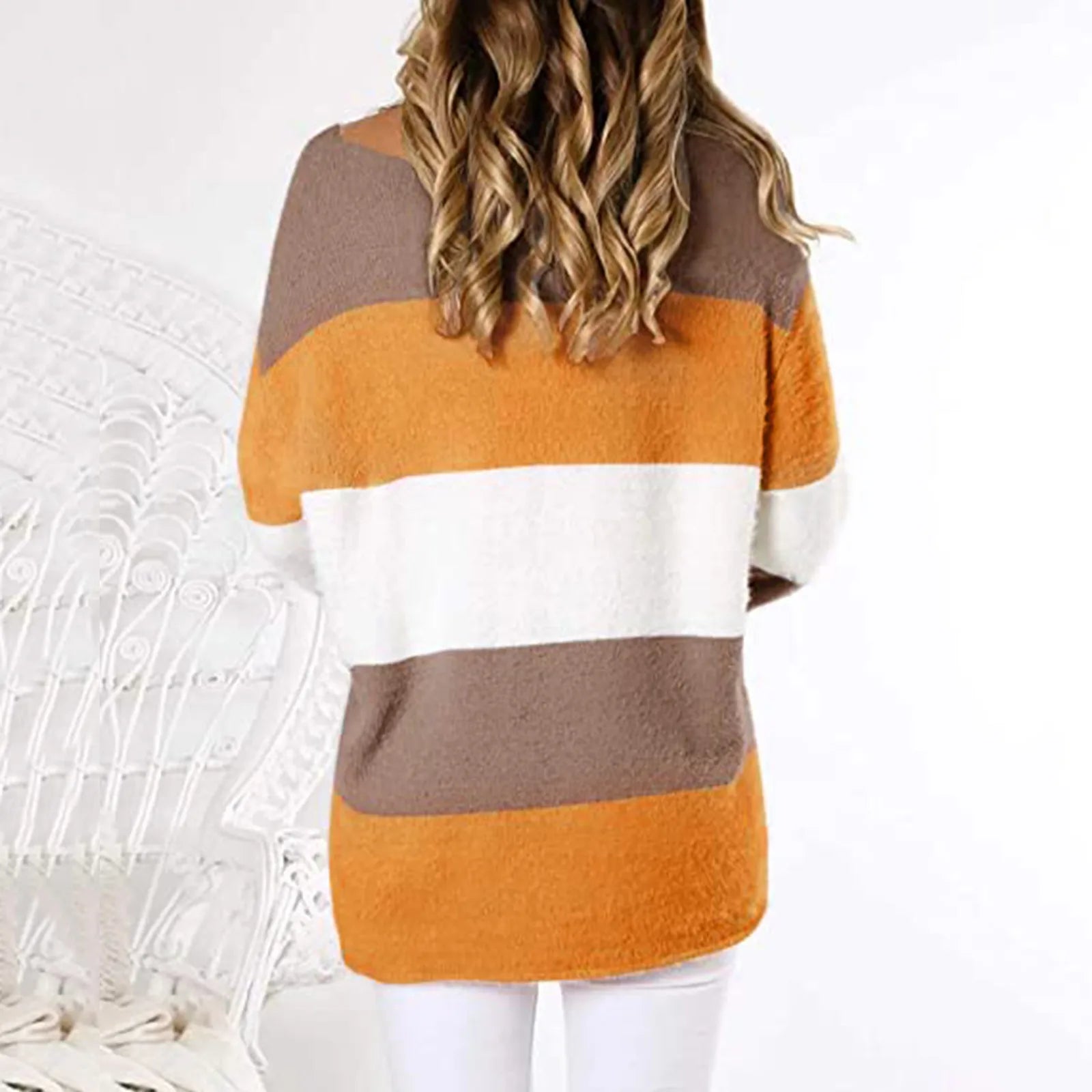 Women Sweaters- Cozy Oversized Stiped Fleece Pullovers