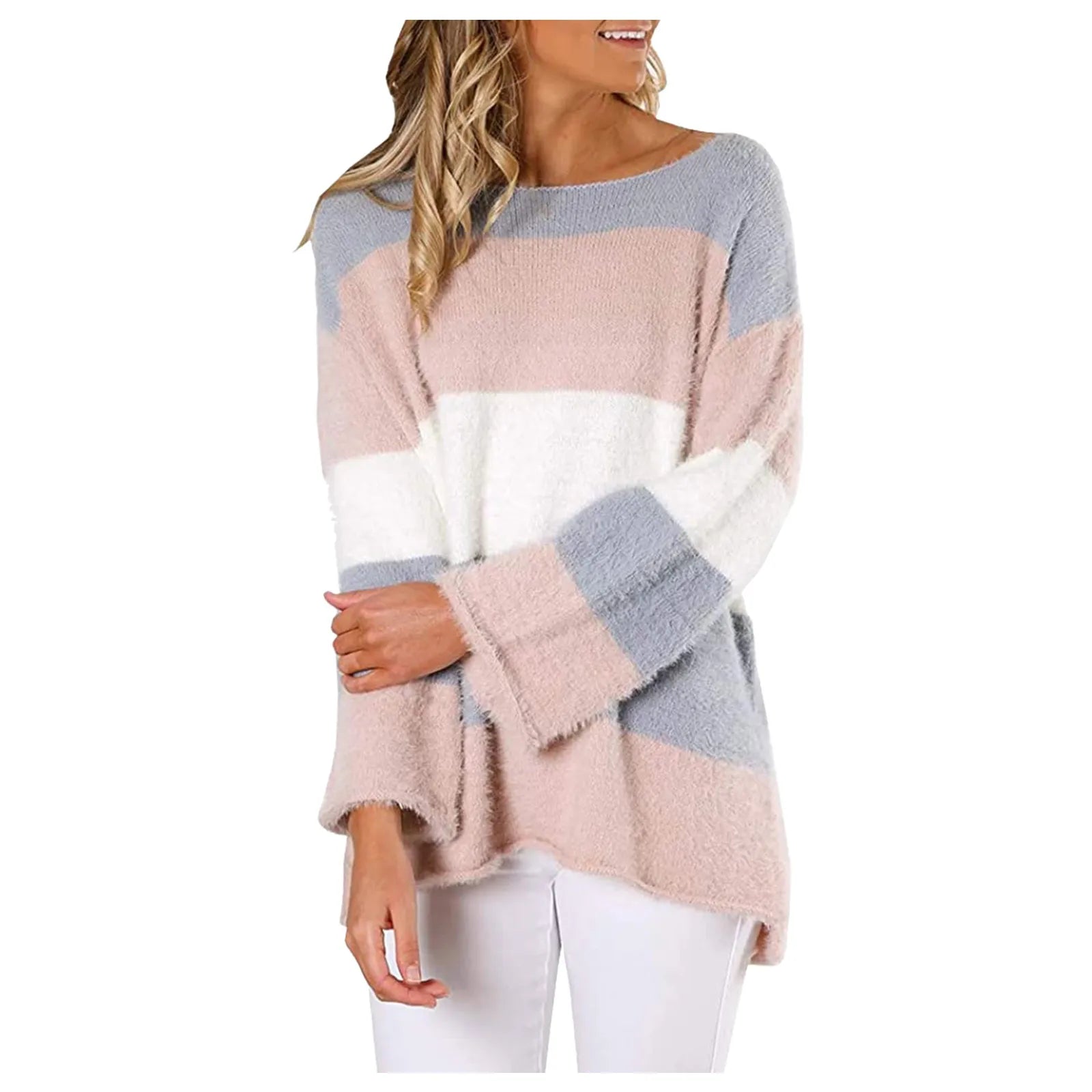 Women Sweaters- Cozy Oversized Stiped Fleece Pullovers