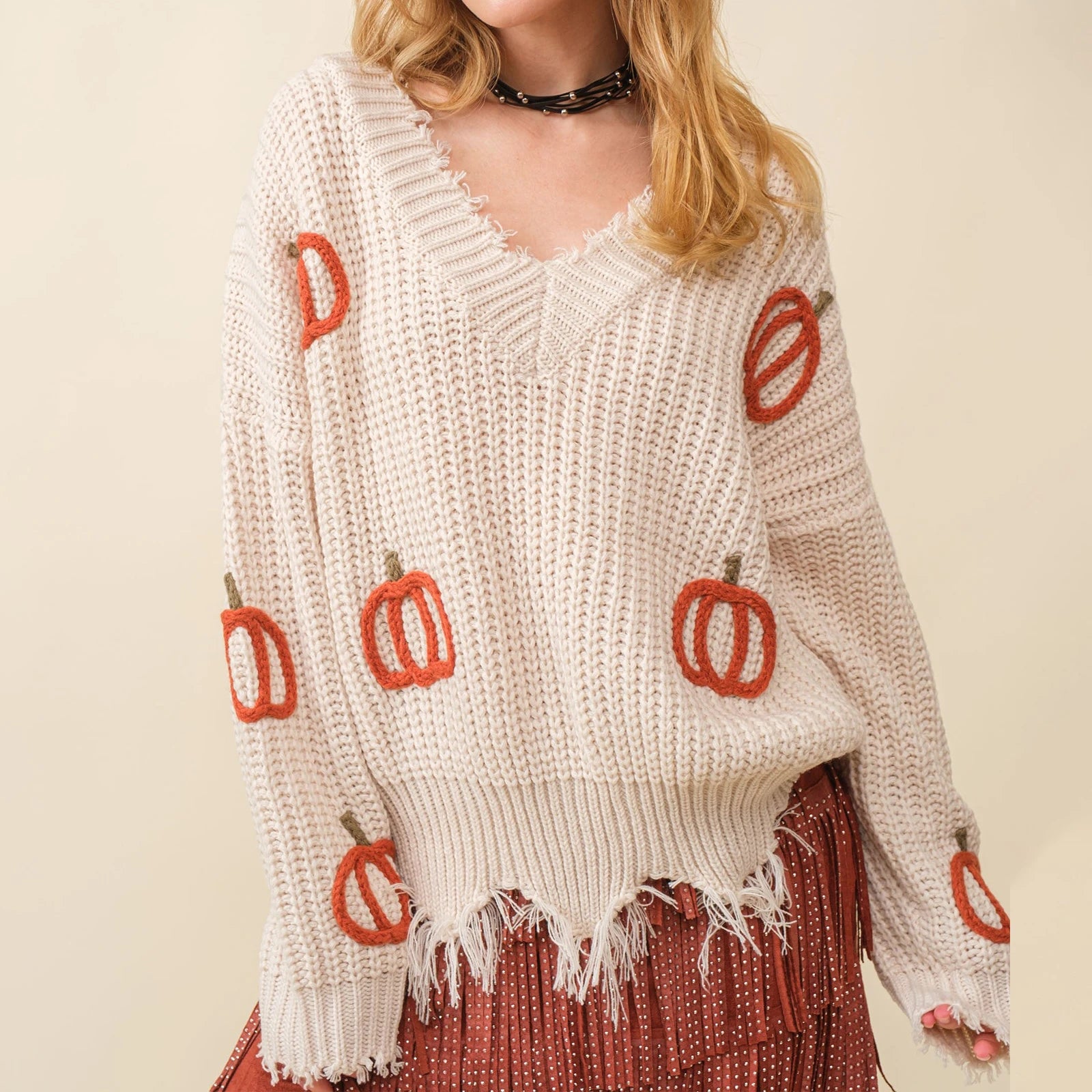 Women Sweaters - 🎃 Distressed Pumpkin Pullover – Fall Favorite!