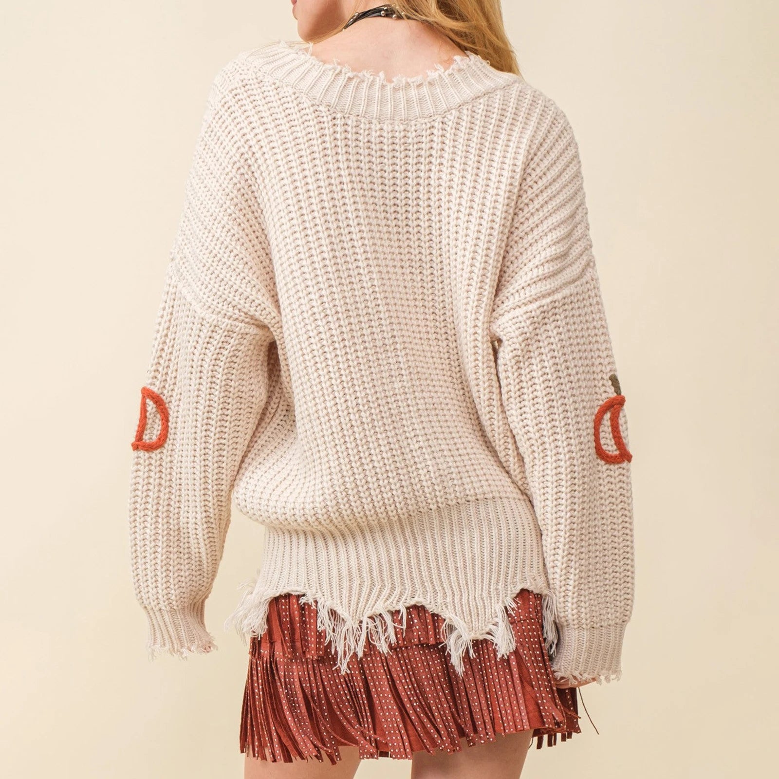 Women Sweaters - 🎃 Distressed Pumpkin Pullover – Fall Favorite!