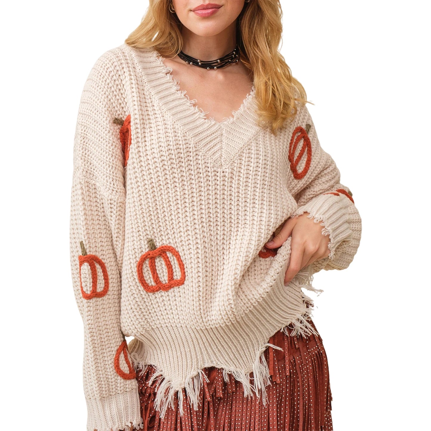 Women Sweaters - 🎃 Distressed Pumpkin Pullover – Fall Favorite!