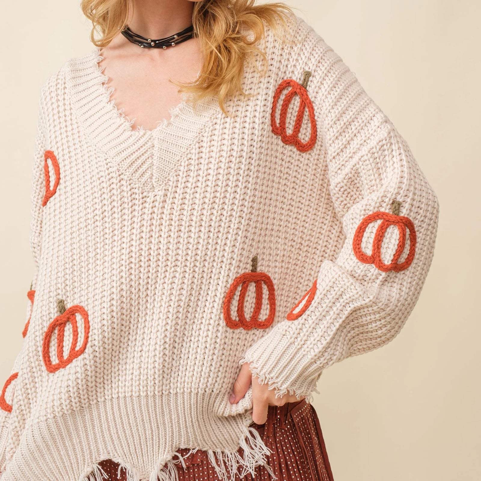 Women Sweaters - 🎃 Distressed Pumpkin Pullover – Fall Favorite!